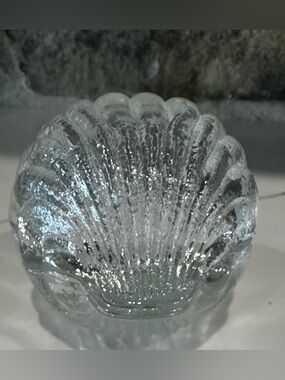 Heavy  Crystal Glass Shell Trinket Vanity Jewelry 4” X 3” Coastal Beach Art Deco